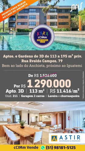 Aptos. e Gardens de 3D de 113 a 195 m ² priv. Rua Evaldo Campos, 79