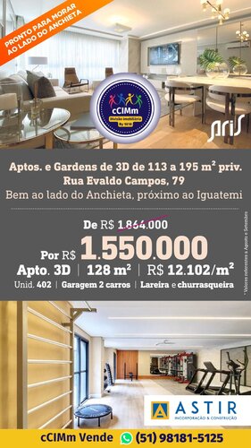 Aptos. e Gardens de 3D de 113 a 195 m² priv. Rua Evaldo Campos, 79